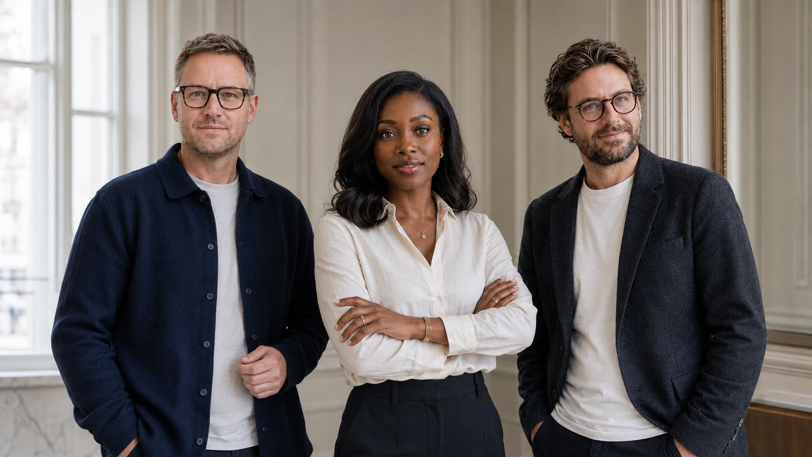 The Hostara virtual co-host team standing together in a calm, light-filled period apartment.